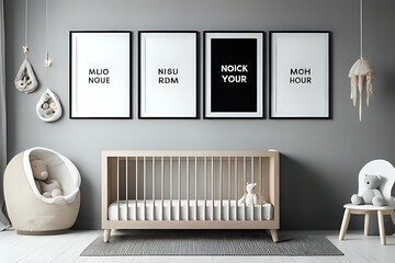 Modern minimalist nursery room with four poster frame mockup, Baby room interior, calm scandinavian style
