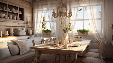 Fototapeta na wymiar Interior design inspiration of Farmhouse Shabby Chic style home dining room loveliness decorated with Wood and Lace material and Chandelier .Generative AI home interior design