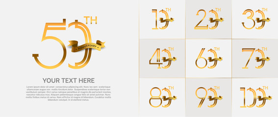 set of anniversary logotype gold color with golden ribbon for special celebration event