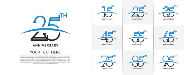set of anniversary logotype black and blue color with swoosh for special celebration event - obrazy, fototapety, plakaty