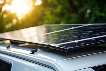 Close-up of photovoltaic cells on automobile against green nature backdrop. Renewable energy.