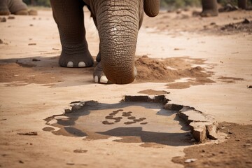 A photo of an elephant drinking from a muddy water hole made with Generative AI - obrazy, fototapety, plakaty
