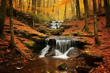 Autumn forest waterfall. Generative AI