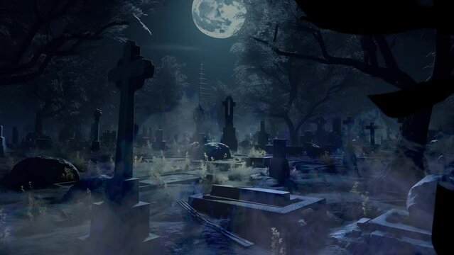 Halloween cemetery lite by a full moon at midnight video with flying spooky bats and Halloween Jack-o-Lanterns (AI generated mages)
