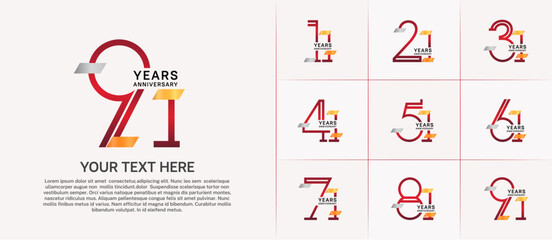 set of anniversary logotype red color with gold and silver glitter for special celebration event