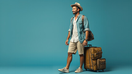 Man tourist with big bag, backpack, isolated on blue background.
