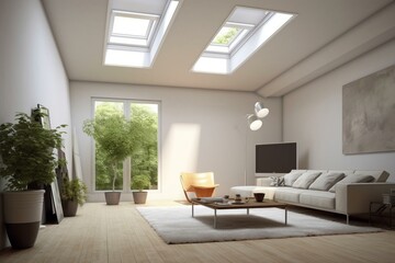 Naklejka na ściany i meble Contemporary room with skylight - minimalist interior concept. Generative AI