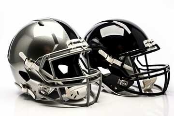 A football helmet with a silver helmet on one side and a black helmet with a silver stripe on the other, on a white background. Generative AI