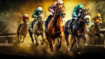 Foto auf Acrylglas Horse racing, Jockeys fight to take the lead in the last curve, Jockeys on their horses racing to the Finish Line © Mrt
