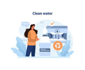 Clean water. Woman pouring clean water onto bottle. SDG