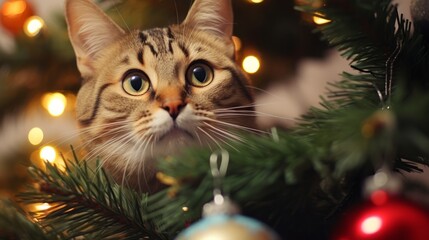 Obraz premium A Cat with Bright Inquisitive Eyes Examining a Christmas Image
