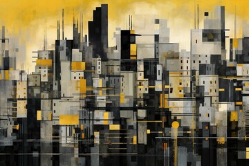 Abstract urban cityscape featuring black, yellow, and grey tones with a large building. Generative AI