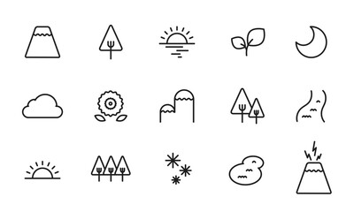 自然のアイコンセット/山/木/森/海/川/アウトドア/イラスト/ベクター