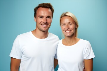 Fototapeta premium Happy Young Couple Smiling. Isolated on a plain colored background. Generative AI.