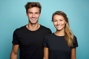 Fototapeta premium Happy Young Couple Smiling. Isolated on a plain colored background. Generative AI.