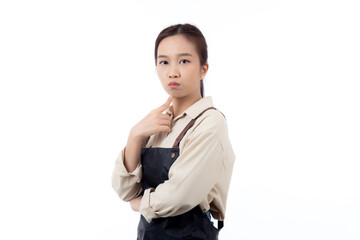 Portrait of young asian barista woman wearing apron gesture doubt and thinking idea isolated white...