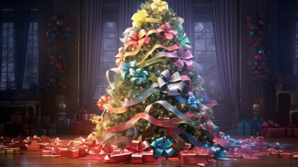 A Christmas Tree Adorned with Colorful Oversized Bows