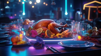 A Thanksgiving Meal with a Neon Color Palette and Glowing Image - obrazy, fototapety, plakaty