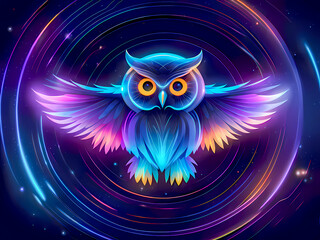 Obraz premium Bright colorful furry owl on a black background to use for a logo as a symbol of wisdom. AI-generated image, digital illustration.