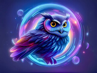 Naklejka premium Bright colorful furry owl on a black background to use for a logo as a symbol of wisdom. AI-generated image, digital illustration.