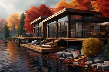 Architecturally Modern Lakeside Cabin with Sunlit Fall Foliage, Featuring a Spacious Wooden Deck, Lounge Areas, and Panoramic Nature Vistas - obrazy, fototapety, plakaty
