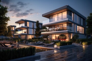 Obraz premium Elegant Modern Residences at Dusk: Tiered Glass Facades, Reflective Pools, Ambient Outdoor Lighting, and Lush Landscaping