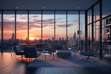 Ultra-Modern Penthouse Living Space with Panoramic Sunset View of City Skyline, Plush Seating and Elegant Décor