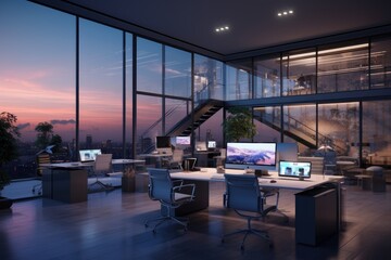 Contemporary Executive Office Space with Twilight City Backdrop, Sleek Workstations, and Luxurious Seating Arrangement - obrazy, fototapety, plakaty