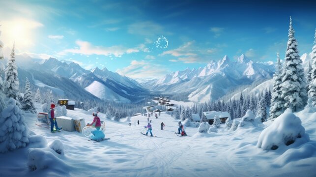 A winter sports-themed Christmas scene featuring snowboarding