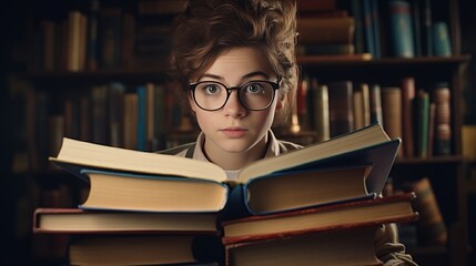 A young student wearing oversized glasses and holding a book