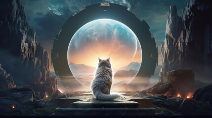 otherworldly landscape with a cat as the guide
