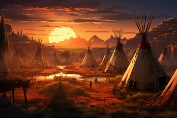 A scene depicting a Native American village with traditional teepee tents. Generative AI - obrazy, fototapety, plakaty