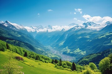 Stunning Swiss Alps view featuring snow-capped peaks and green valleys. Generative AI