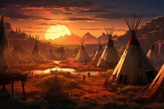 A scene depicting a Native American village with traditional teepee tents. Generative AI