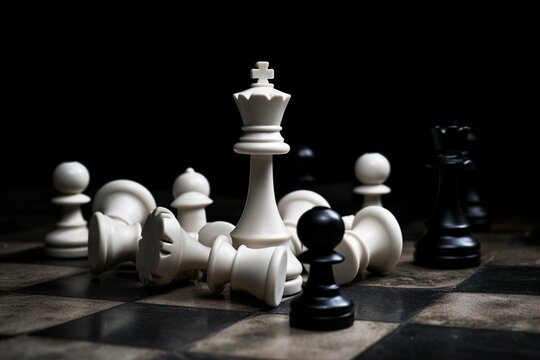 white chess piece standing above fallen black chess pieces. Generative AI