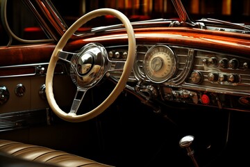 Opulent car interior - display, wheel, lever, and dashboard. Generative AI