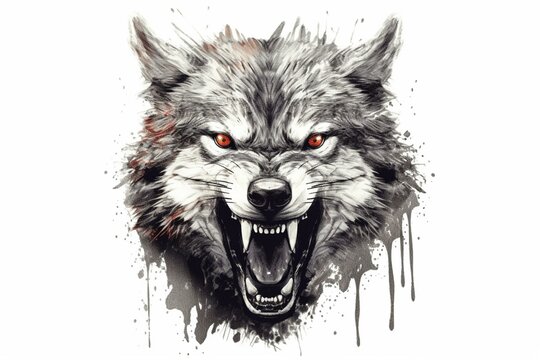 Aggressive wolf with a tattoo on a plain background. Generative AI