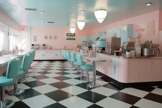 Vintage American ice cream parlour with pink stools at the bar. Pink bar  counter. Cute pink cafe concept. Generative AI. Stock Illustration