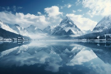 Fototapeta na wymiar Majestic mountains capped with snow, reflecting on a calm mirror-like lake.