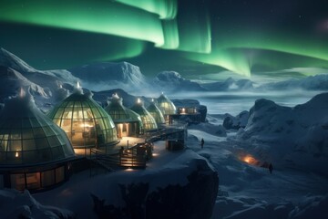 Majestic view of the Northern Lights, with an igloo village in the foreground.