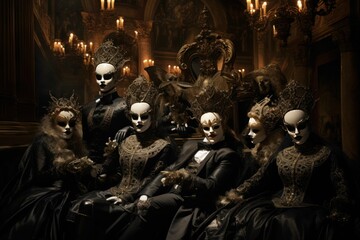 Midnight Masquerade in a Venetian palazzo, identities concealed behind ornate masks