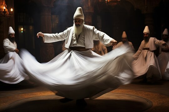 Mesmerizing Sufi whirling dervishes, dancing in a trance in ancient Turkish chambers.
