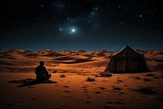 Moonlit Sahara desert, with Bedouins recounting tales under a canopy of stars