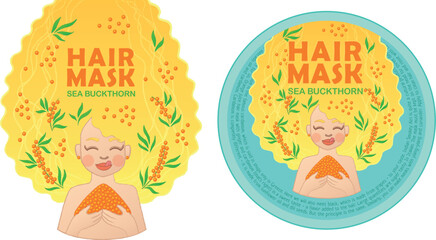 Sea buckthorn ingredient for hair mask packaging design. Vector illustration of cute blonde young woman enjoying sweet berries and taking care about her long healthy hair.
