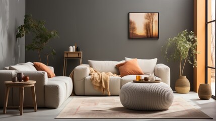 Hygge-Style Scandinavian Home Interior with Knitted Pouf, Soft Blanket, and Terra Cotta Pillows, Cozy Comfort in Modern Living