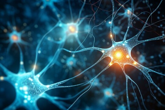 Medical photo of an interconnected network of neurons with electrical pulses indicating neuron cell disease. Generative AI