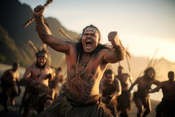 Traditional Maori haka performance on the shores of New Zealand.