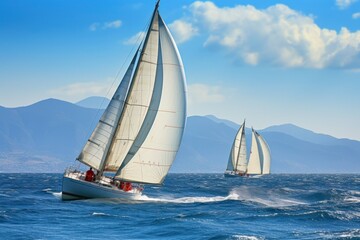 Sailing regatta in the Mediterranean, crisp sails against azure waters. - obrazy, fototapety, plakaty