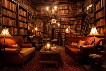 Secret speakeasy library, where each book transports the reader to its world. - obrazy, fototapety, plakaty