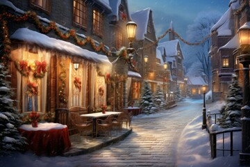 Fototapeta na wymiar Silent snowfall in a quaint European village, lanterns lighting cobblestone streets.